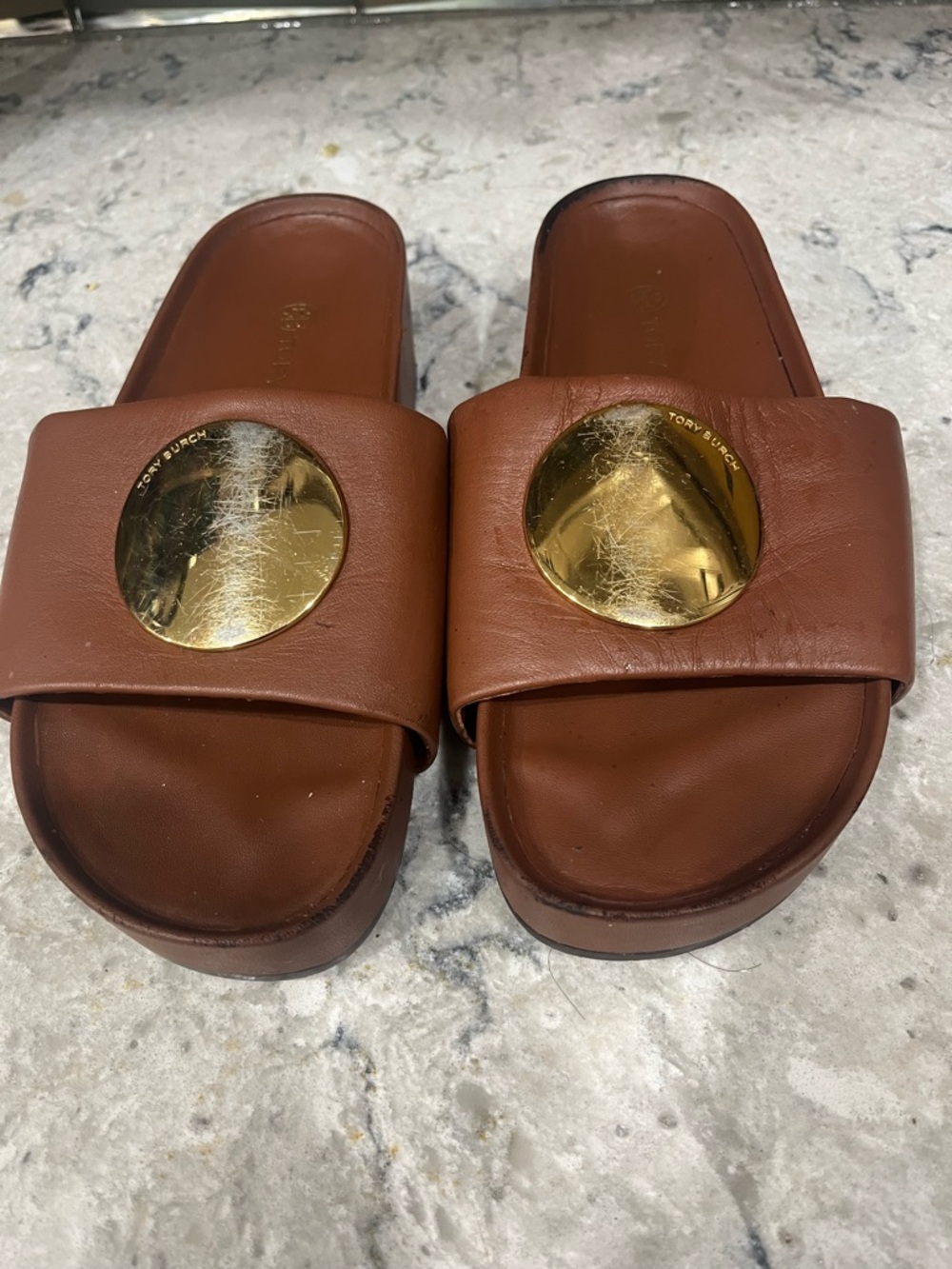 Tory Burch Chestnut Leather Slide Sandals with Gold Logo